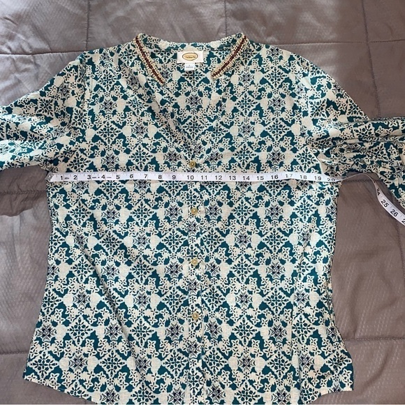 Talbots Bohemian Medallion Print Blouse Large Wood Beaded Collar - Picture 8 of 11